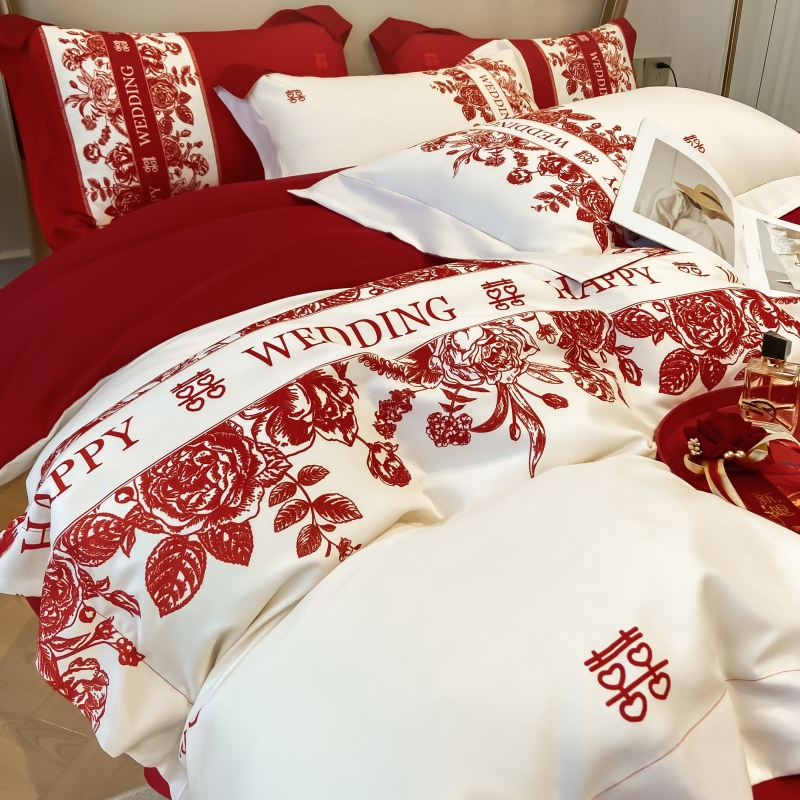 极速高端新婚喜庆结婚四件套磨毛结婚床上用品大T红中式婚房陪嫁4