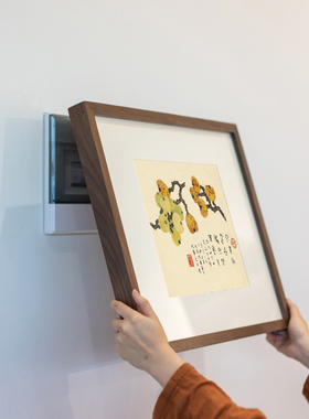 新品新中式d装饰画实木客厅轻奢画黑胡桃木框挂画遮挡电表箱电闸