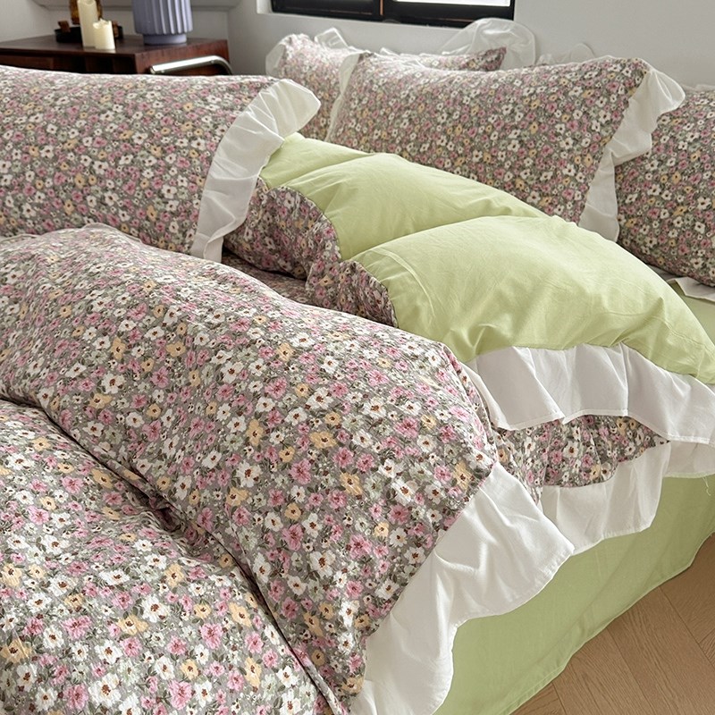 极速insc少女法式赫本黑色花边蝴蝶结水洗棉四件套床单纯色学生三