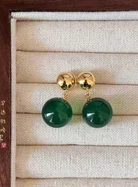 极速新中式绿色玛瑙圆形耳v环女复古古风国风旗袍耳钉耳坠耳饰项