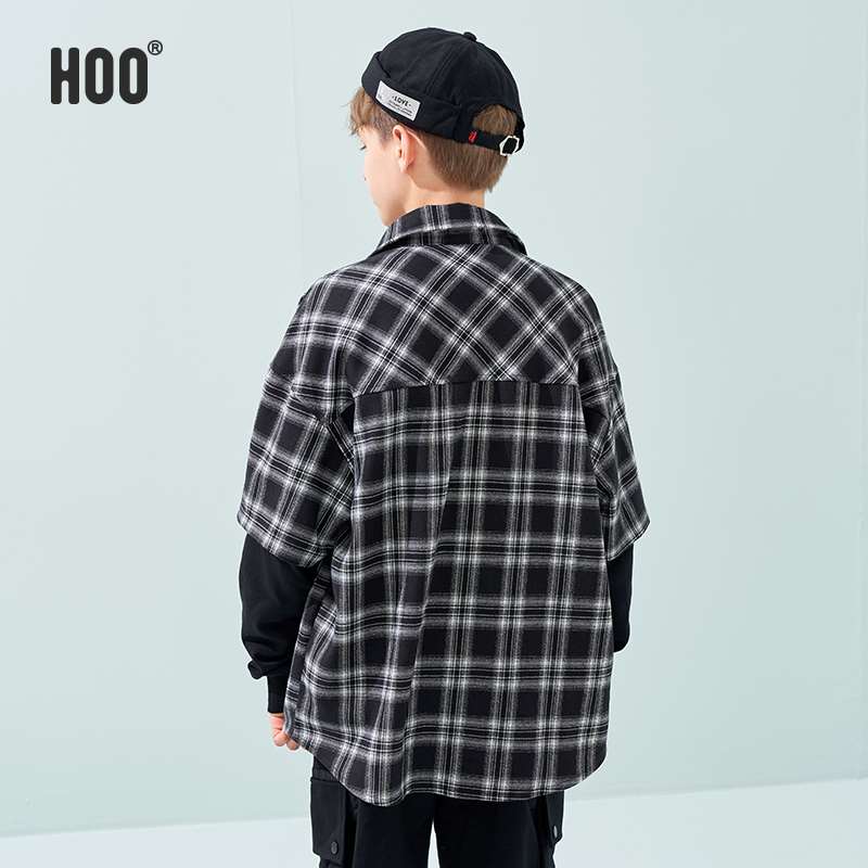 极速hoo童装男童复古长袖衬衫假两件儿童格子M衬衣中大童2022春秋