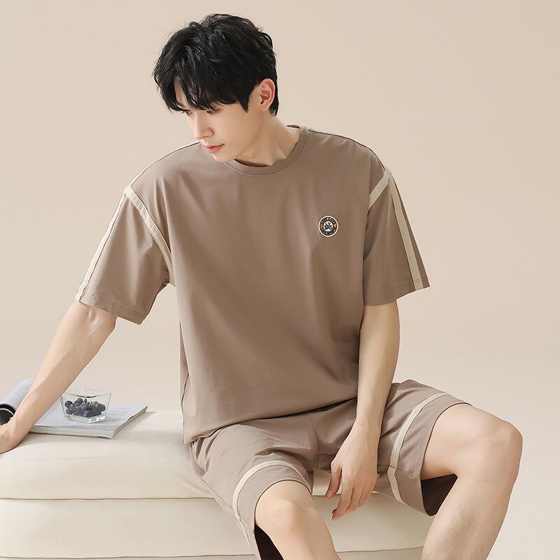 新品男士睡衣夏季纯棉2p025新款短袖短裤套头青少年薄款宽松家居