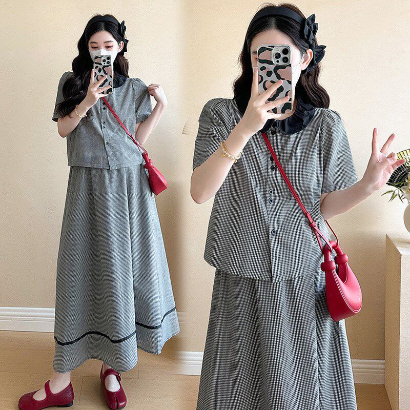 新品2025孕妇装春装新款孕x妇套装时尚娃娃领上衣半身裙外穿孕期