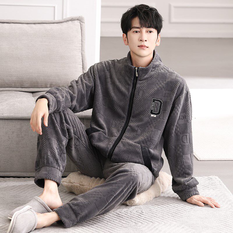 新品2025新款睡衣男珊瑚绒w加厚秋冬款法兰绒冬季拉链家居服套装