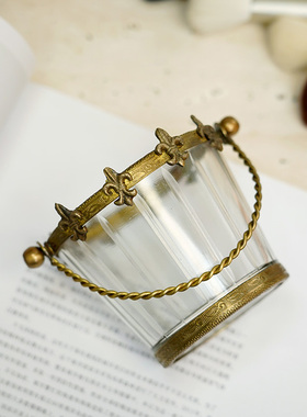 极速印度进口提篮j铜边玻璃收纳桶化妆刷桶笔筒桌面摆件奢华手工