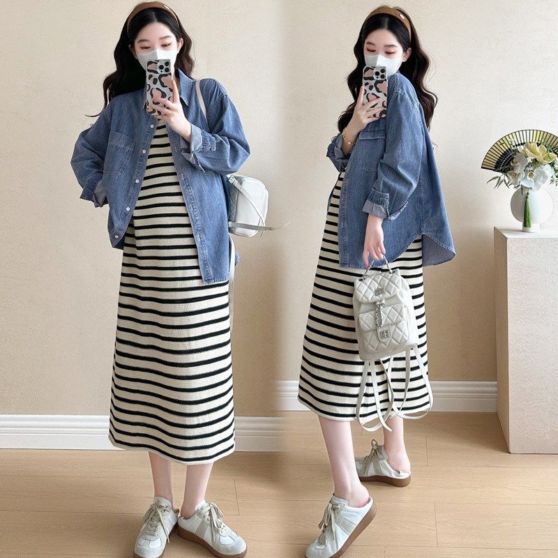 新品2025孕妇装春装时尚洋气孕妇连F衣裙两件套宽松条纹背心裙上