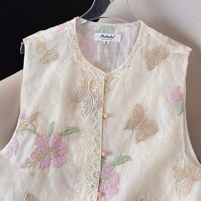 新品新中式国风马甲背心女夏季薄款上衣重L工刺绣马夹外搭叠穿蕾