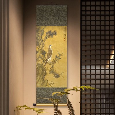 极速郎世宁锦春图中n式书房茶室仿古装饰画张舜咨柏鹰图餐厅玄关