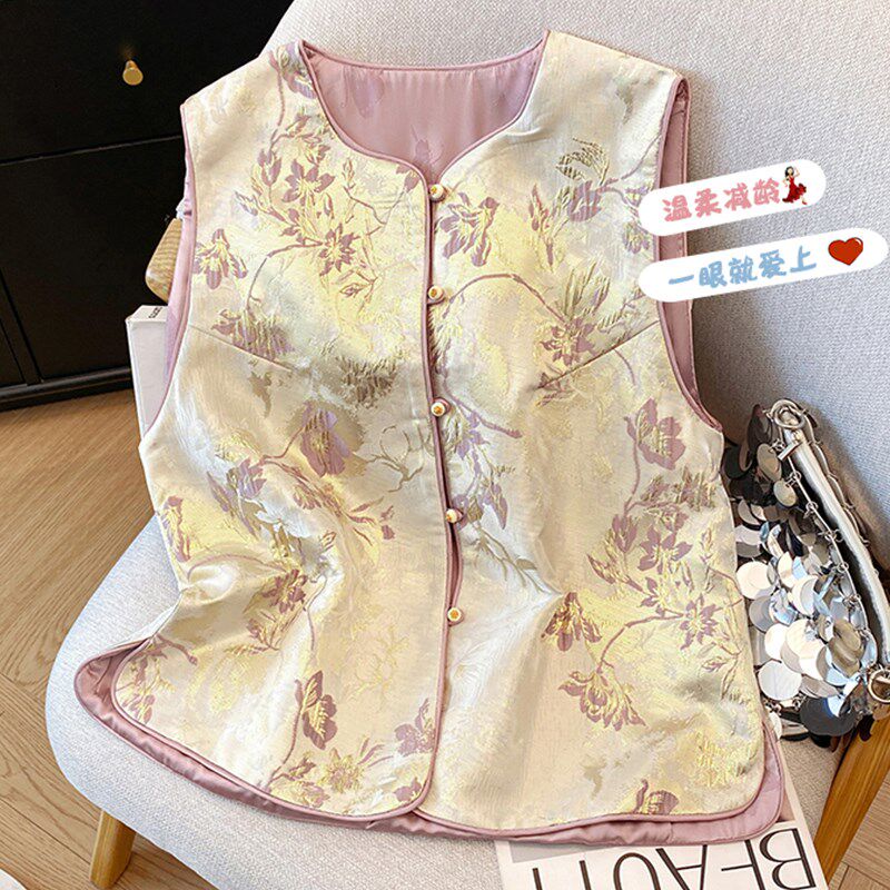 新品新中式国风马甲夏季复u古无袖坎肩唐装上衣宋锦提花马夹背心