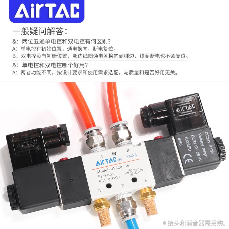 极速亚德客电磁阀4V120/220/32x0/420-M5/06/08/10/15二位五通换