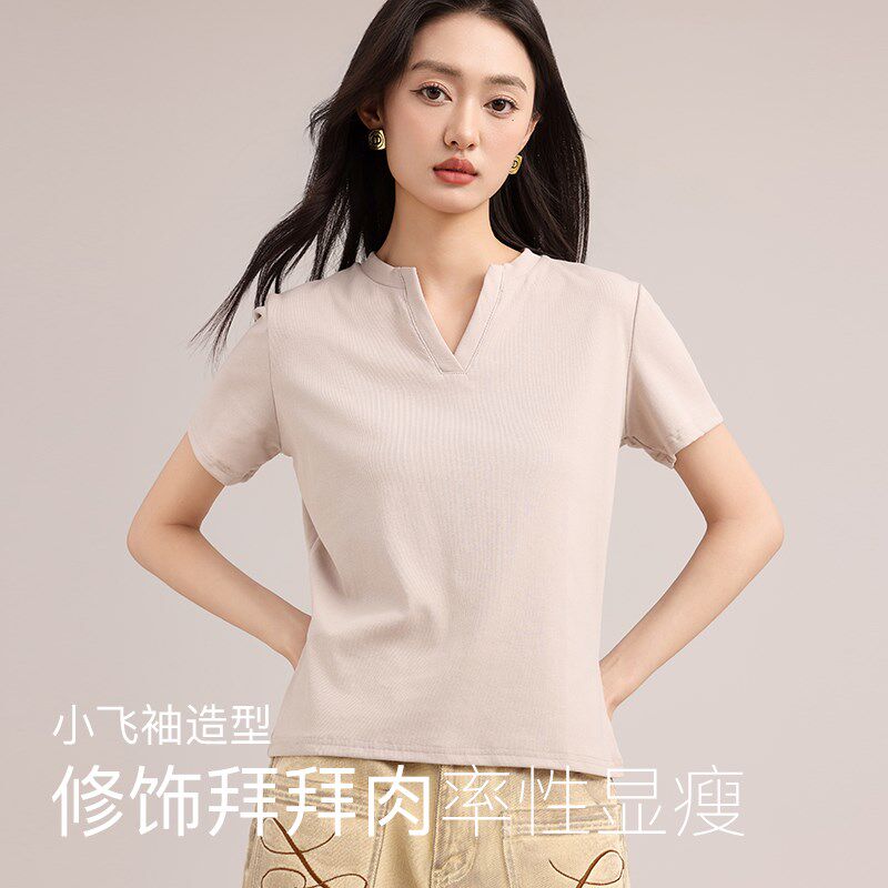 新品白色半开领短袖T恤q女2025春夏新款v领宽松显瘦正肩打底衫体