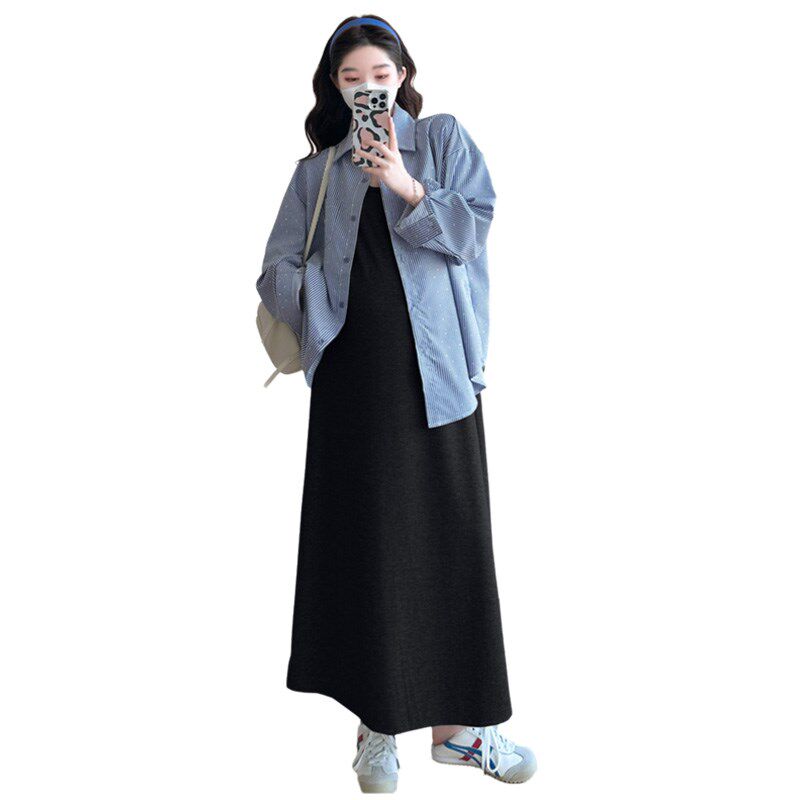 新品夏季孕妇连衣裙套装时尚孕妇装春夏装背心R长裙长袖上衣两件