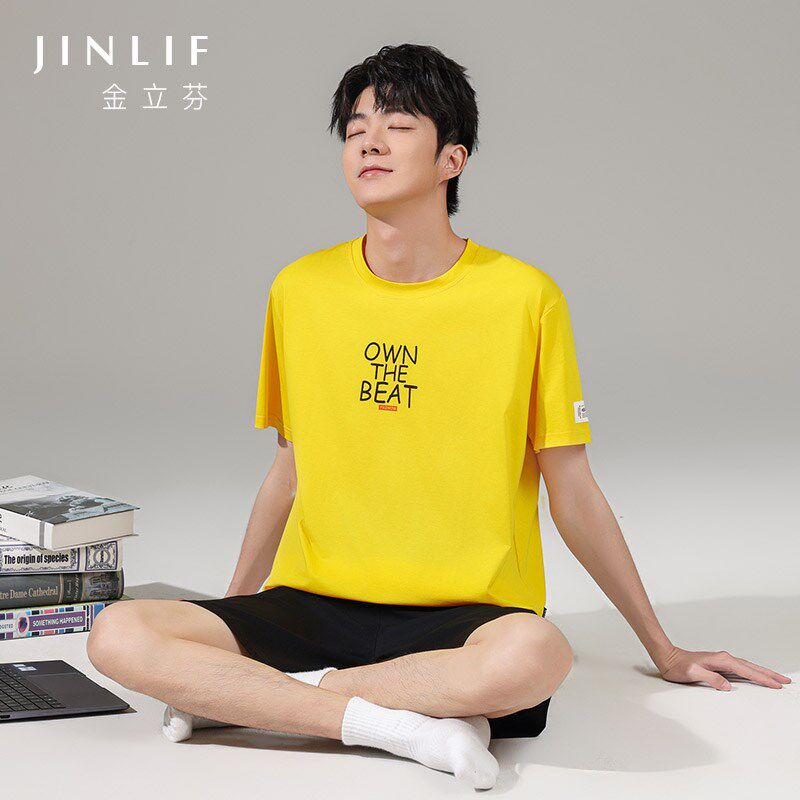 新品男士睡衣短袖纯棉男款全棉男式青年J家居服休闲薄款夏季套装