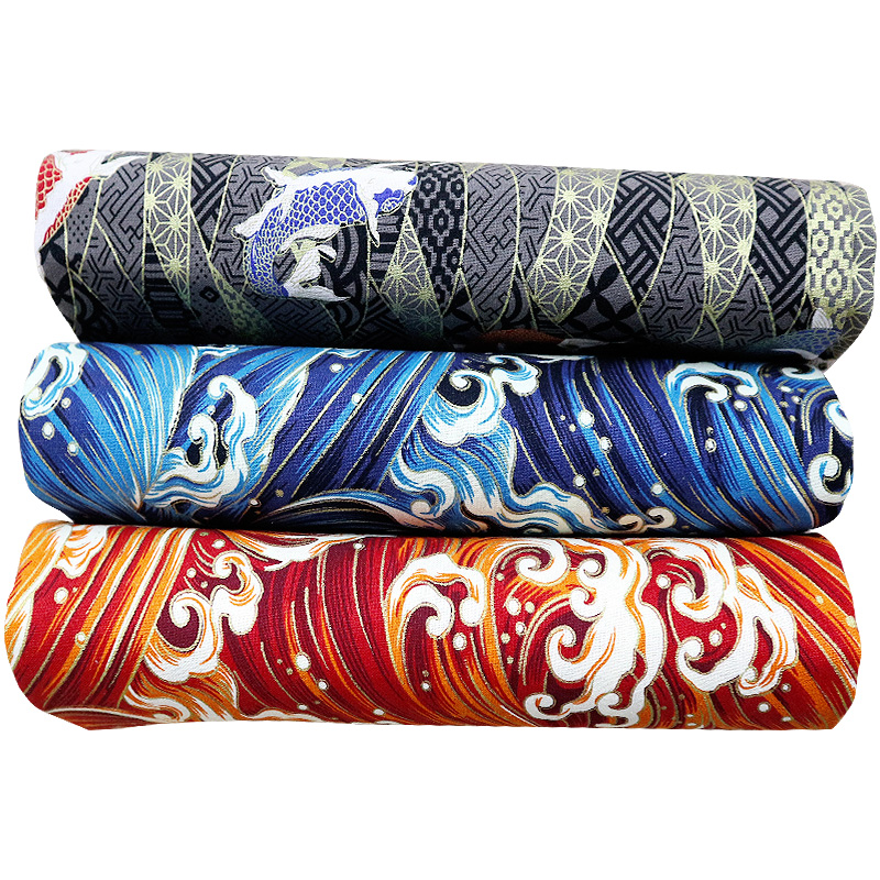 极速招财猫布料h烫金和风棉布秋田犬服装面料和服汉服浴袍手工布