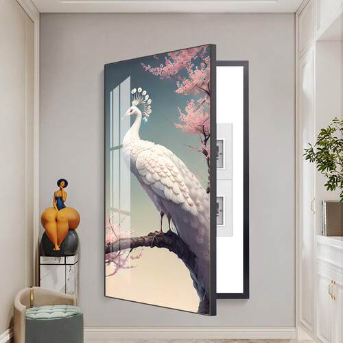 电表箱电闸箱遮挡装饰画超大尺寸可挂画画面竖款玄关吉祥孔雀挂画