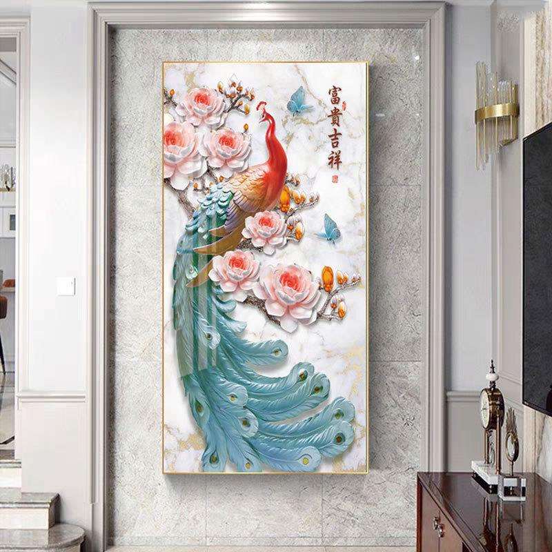 新中式轻奢玄关画高级感过道画入户走廊灯光镶钻画孔雀装饰挂画