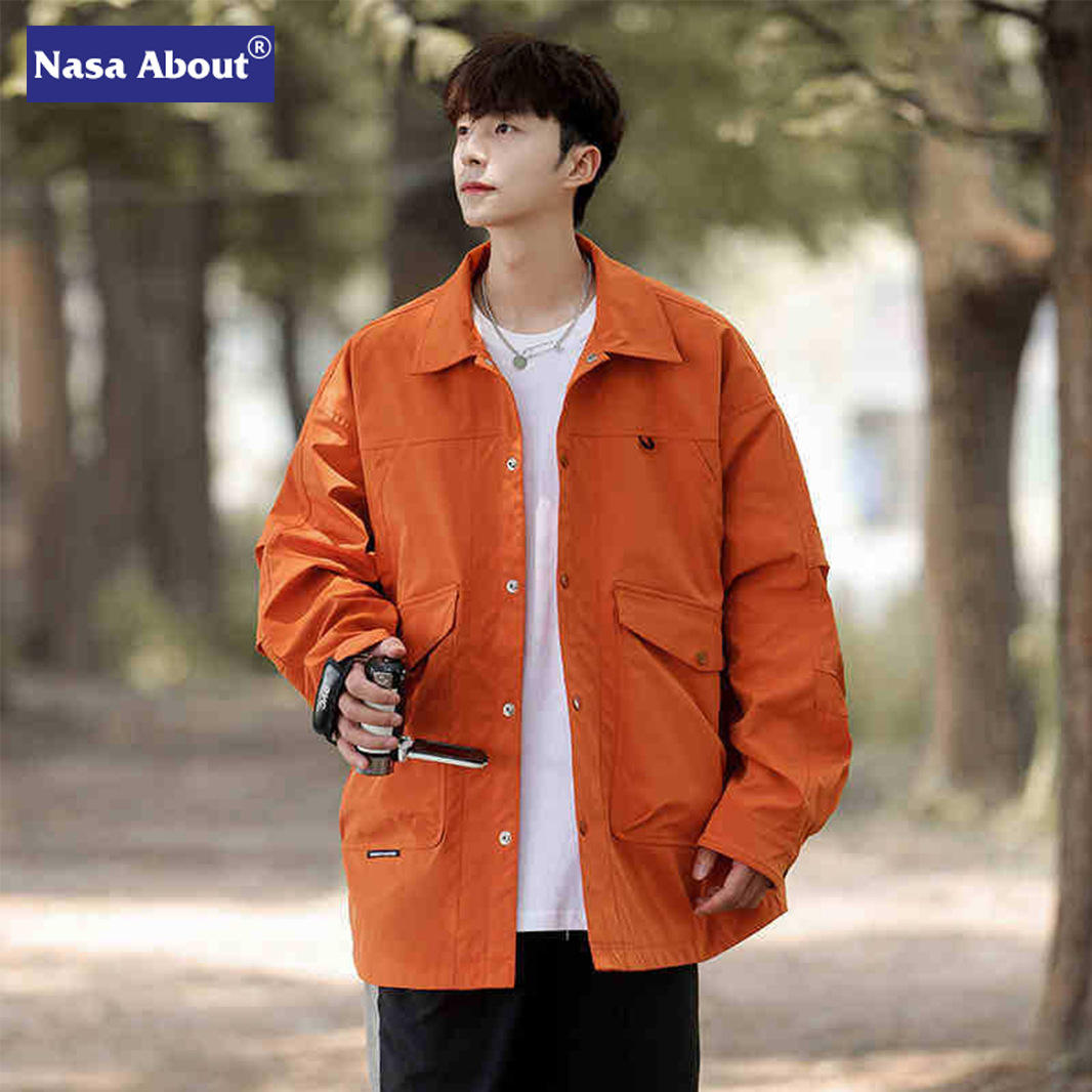 美式翻领夹克男外套春秋季新款潮牌宽松痞帅高级感橘红色上衣