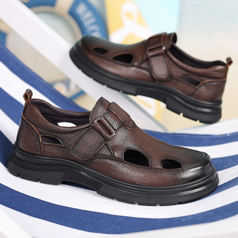 夏季包头魔术贴洞洞鞋真皮休闲镂空凉鞋防滑透气爸爸鞋厚底皮鞋男,流行男鞋,休闲凉鞋,淘宝优惠券,粉丝福利购,淘宝优惠卷