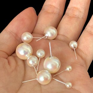 秋冬韩系极光人造akoya幻彩粉光珍珠耳钉S925银针百搭大小号耳饰