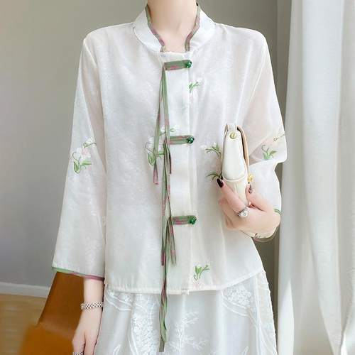 2025夏季重工刺绣欧根纱长袖防晒开衫复古外搭冰丝薄款防晒衫女夏