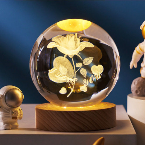 玫瑰花水晶球3d内雕小夜灯发光玻璃球礼品桌面摆件送生日礼物