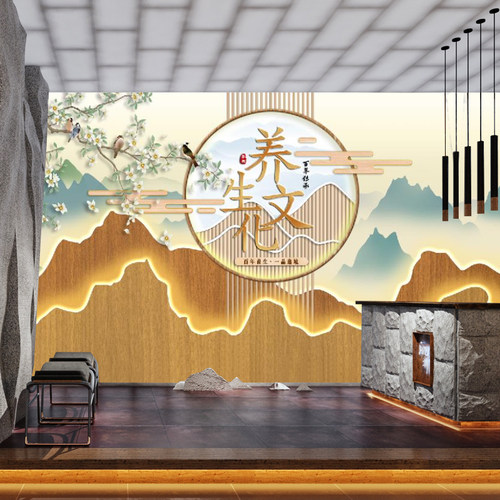 热销养生会所形象墙壁纸足道文化足疗G店装饰墙纸头疗采耳馆前台