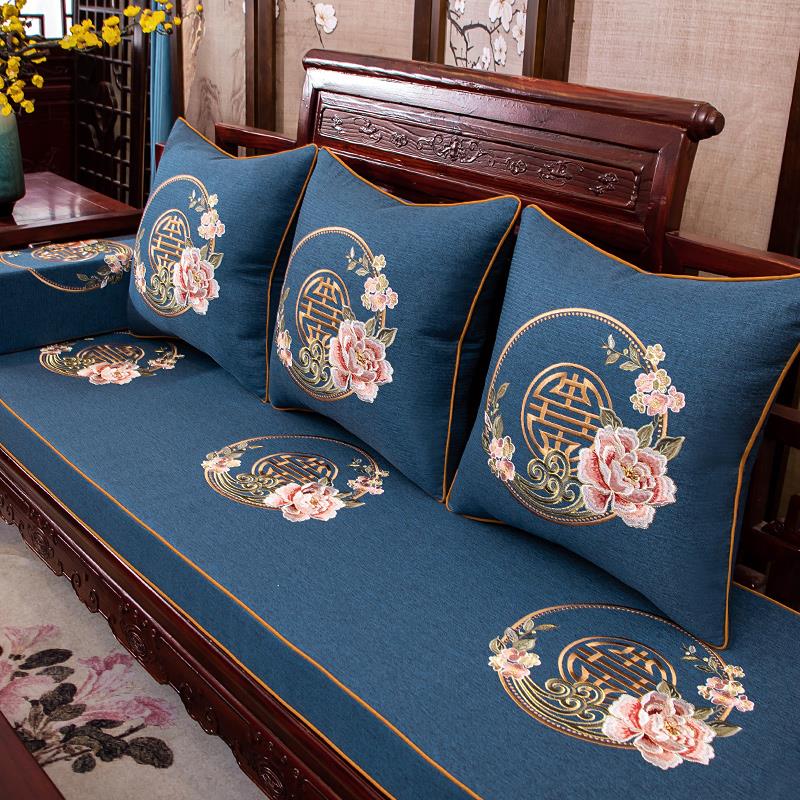 中国风现代新中式沙发垫防滑布艺实木通用坐垫四季沙发套罩笠定做