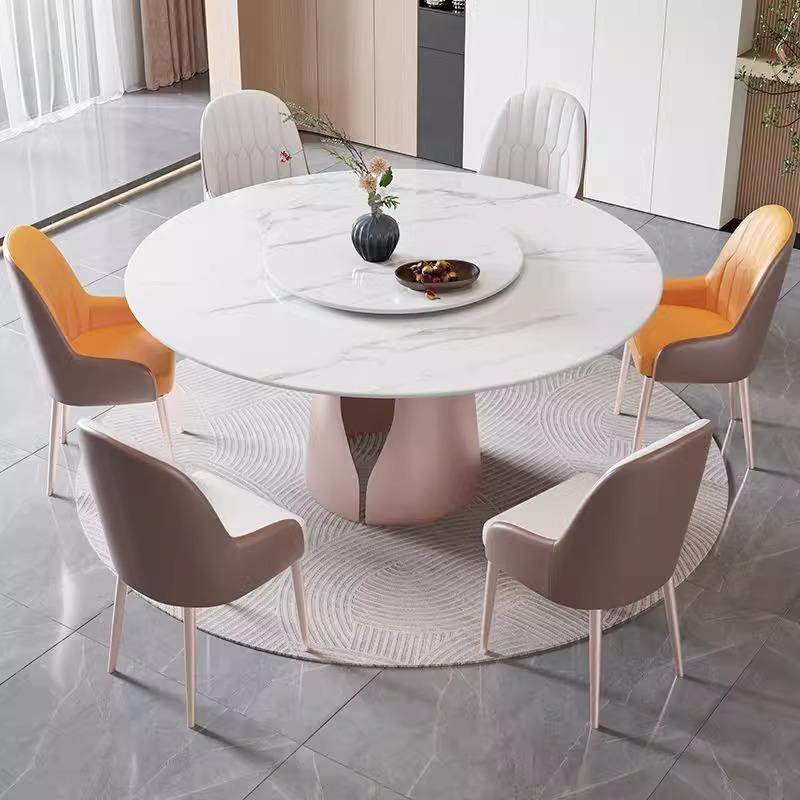 意式极简岩板转盘餐桌小户型客厅家用大圆桌加厚岩板桌面桌椅组合