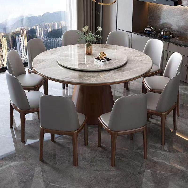 轻奢岩板餐桌椅组合现代简约家用大理石小户型实木全套带转盘圆形