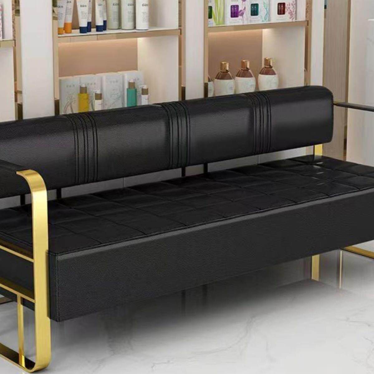 网红理发店沙发等候椅发廊美发美甲店休息区轻奢不锈钢长条沙发椅