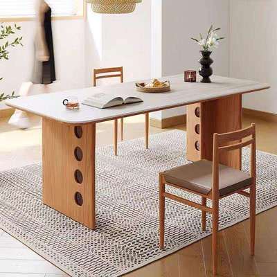 北欧中古风洞石岩板餐桌实木简约家用小户型设计师复古原木风饭桌