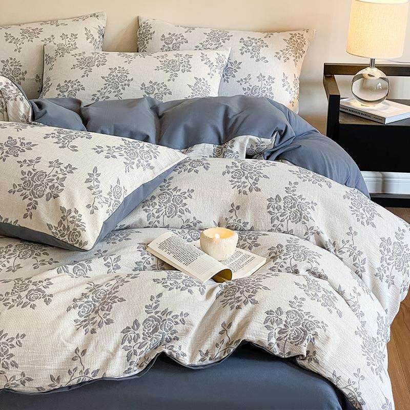 复古A类全棉双层纱提花纯棉加厚磨毛四件套秋冬保暖床单被套床笠4