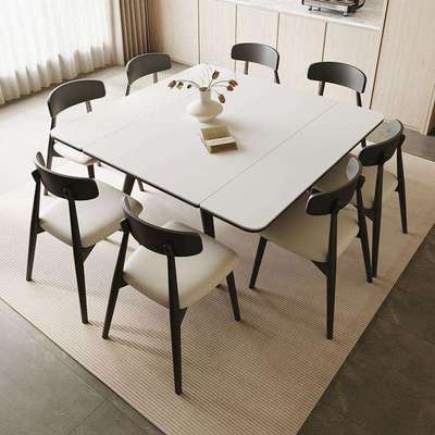 实木岩板餐桌现代简约伸缩餐桌椅组合可变方桌长方两用岩板餐桌椅