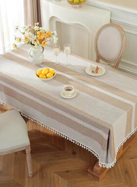 条纹桌布灰色流苏简约防尘餐桌布长方形家用棉麻桌垫现货