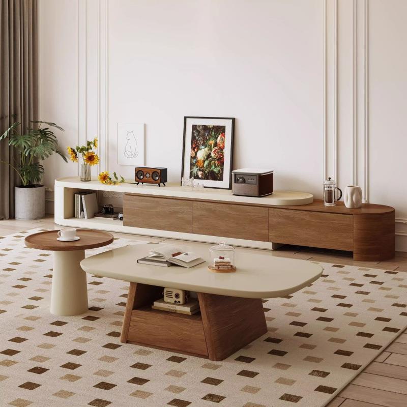 中古风胡桃木椭圆形茶几小圆桌电视柜组合茶几家用客厅小户型