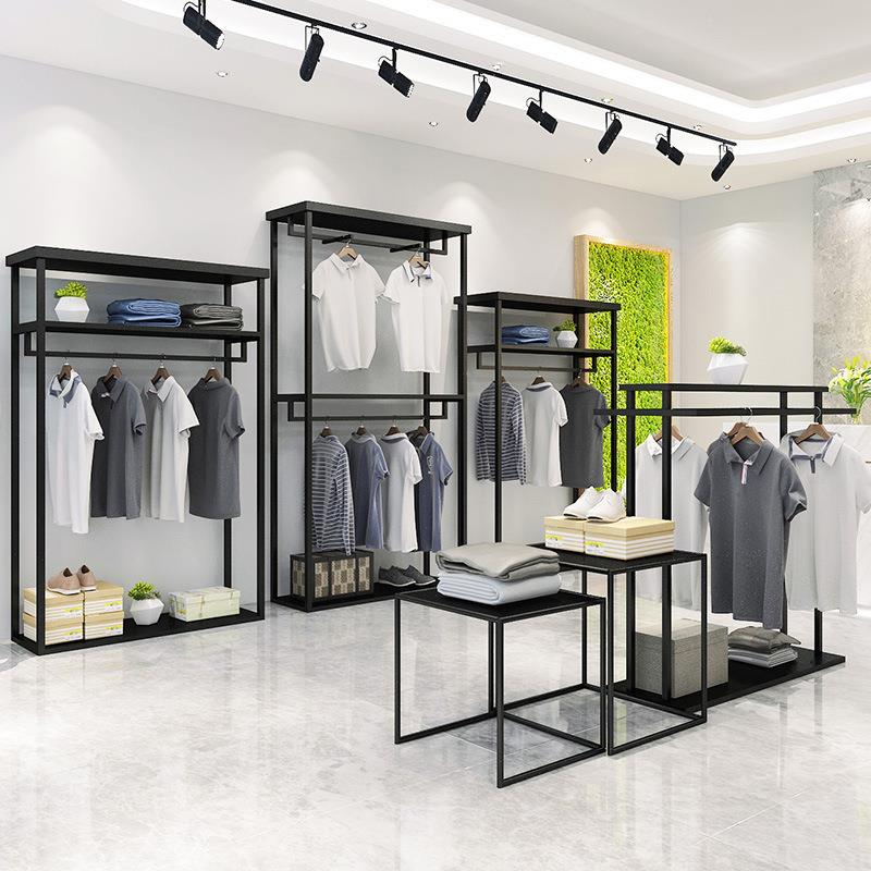 服装店展示架北欧双层挂衣架展示货架铁艺女装店陈列架侧挂衣架