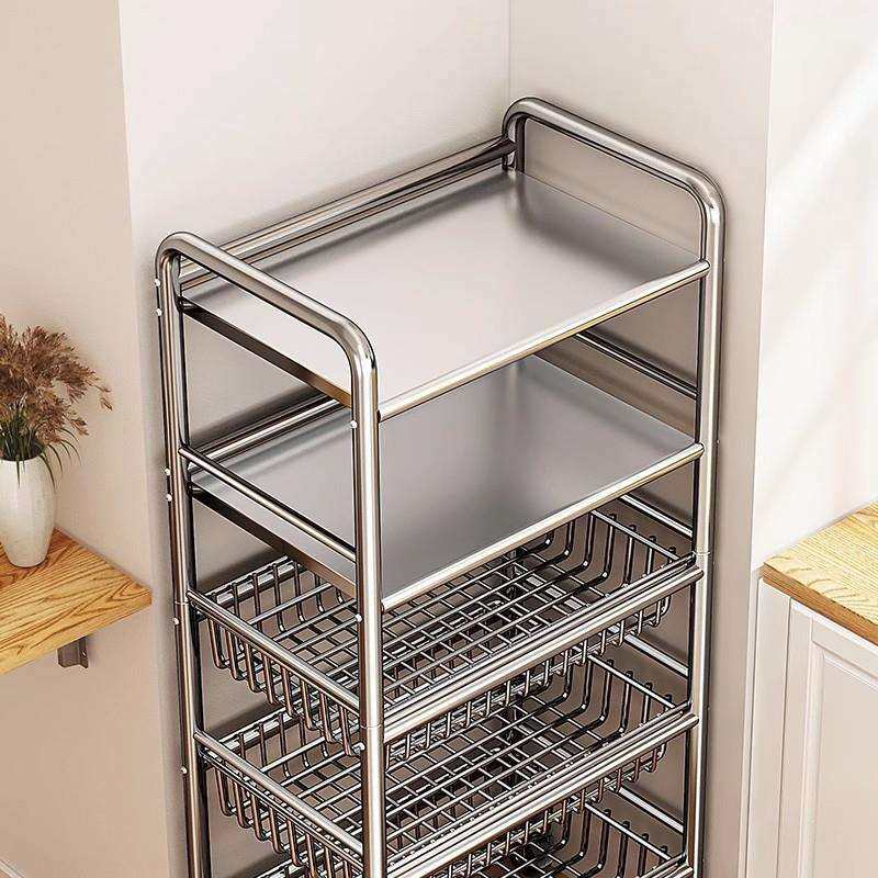 厨房不锈钢置物架家用落地多功能果蔬微波炉收纳架多层小架子货架