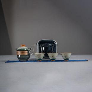 哥窑釉下彩一壶三杯玻璃便携式旅行茶具快客杯功夫套装手绘荷花