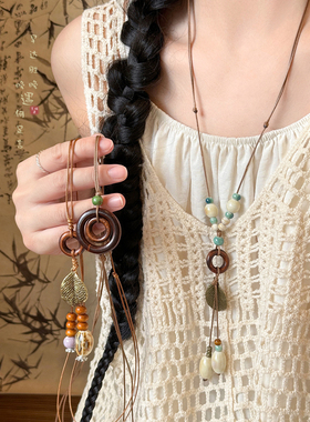 古风陶瓷吊坠项链女新中式国风复古民族风长款挂绳毛衣链配饰装饰