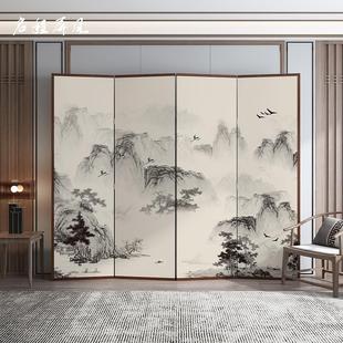 屏风折叠移动客厅实木现代简约酒店双面山水不透办公室屏风 中式