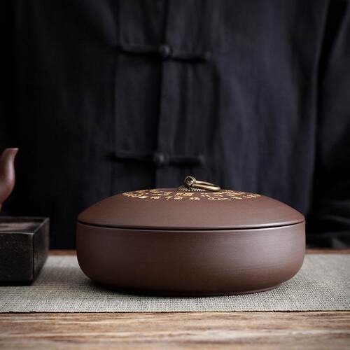 63n紫砂茶叶罐密封200g小茶饼普洱茶仓罐罐透气防潮复古茶叶盒一