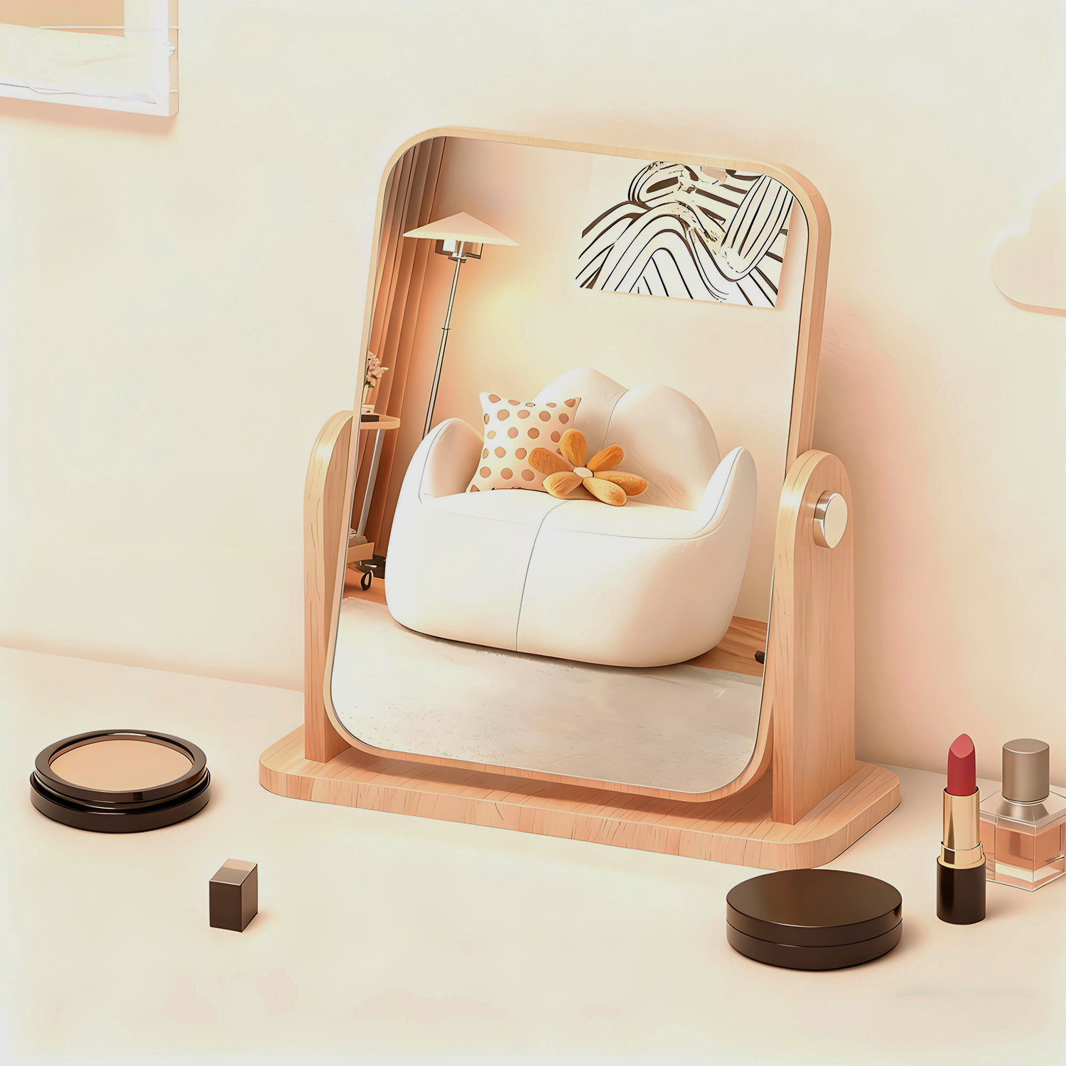 木质元素镜子简约台式化妆镜可旋转家用学生宿舍随身桌面梳妆镜子