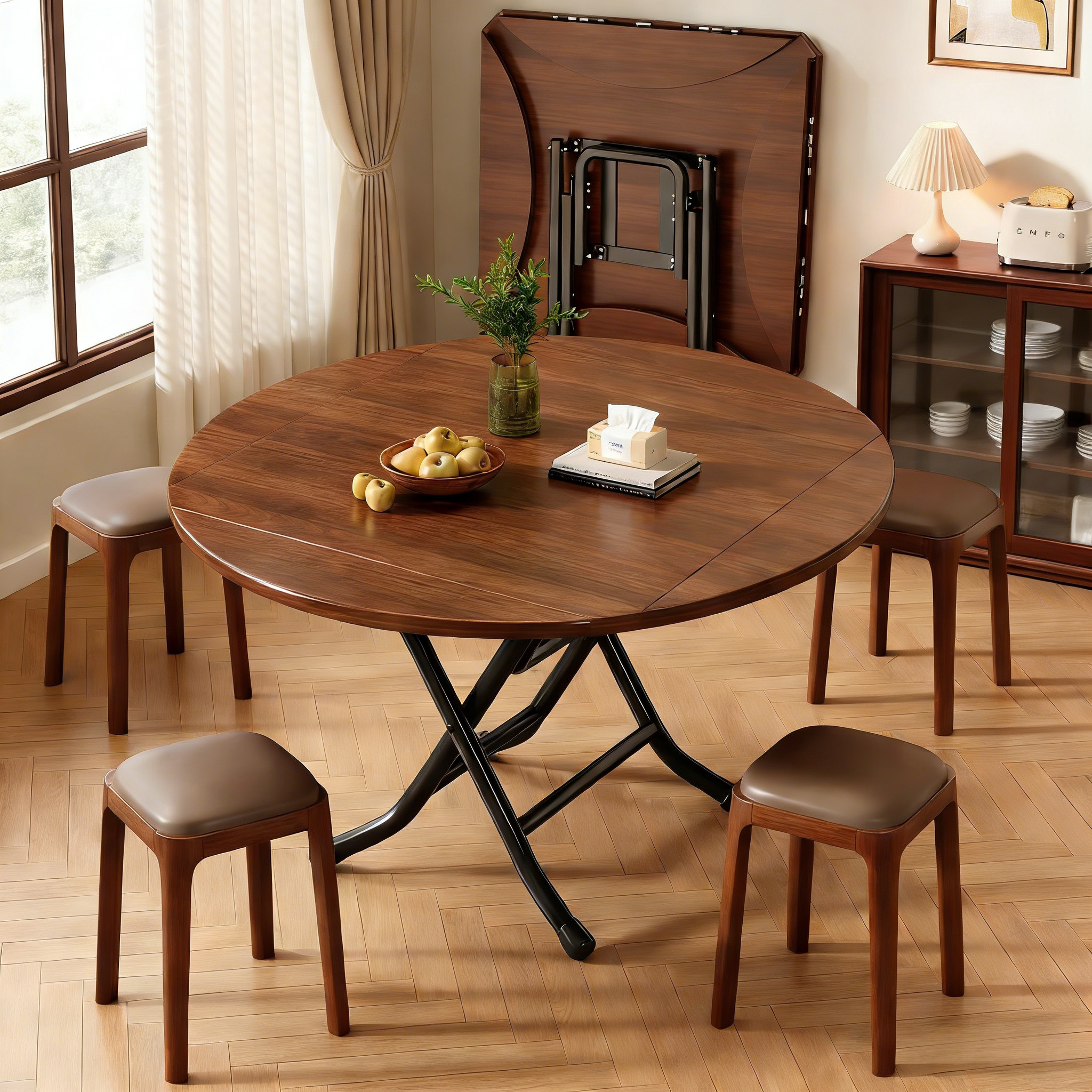 实木折叠圆桌家用租房小户型可移动便携式餐桌10人吃饭桌子大圆桌