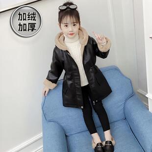 上衣中大童秋冬皮衣夹克 中长款 女童加绒外套儿童冬装 女孩洋气冬季