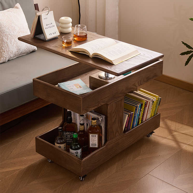 边几移动升降茶几客厅沙发家用简约现代白蜡木带轮边柜置物小推车