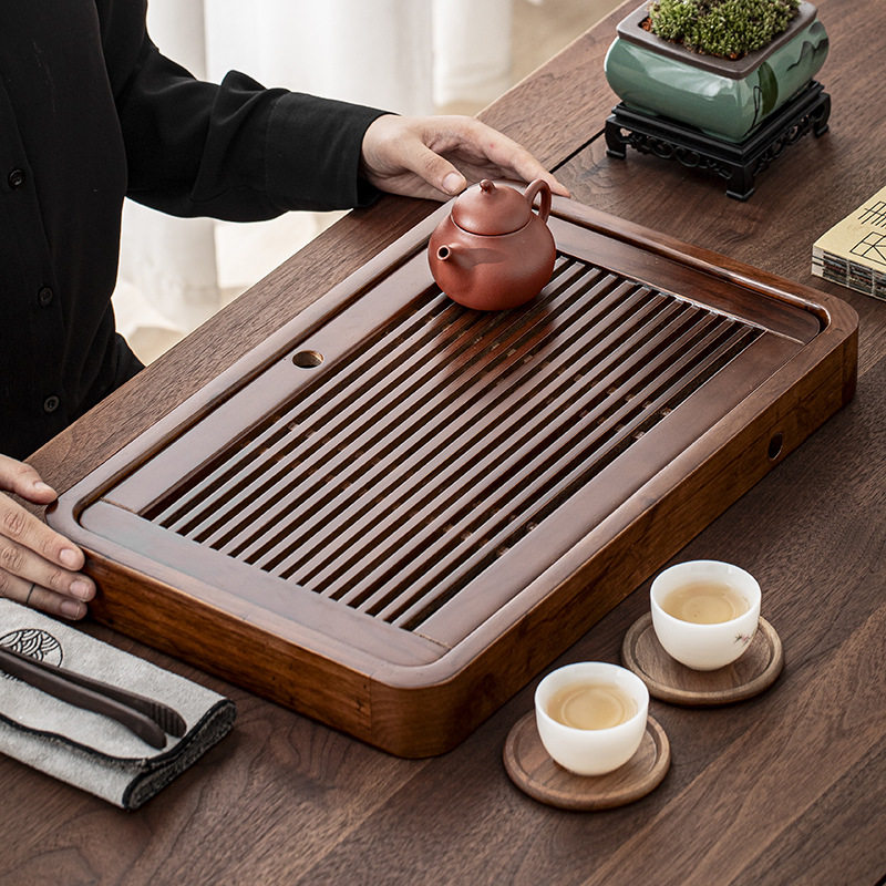 加厚实木茶盘家用中式茶具配件茶托盘蓄排两用干泡台小茶台胡桃色