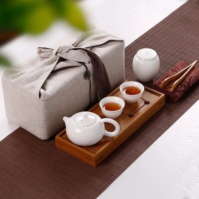 德化白瓷旅行功夫小茶具套装快客杯一壶二杯两杯茶盘茶罐迷你车载
