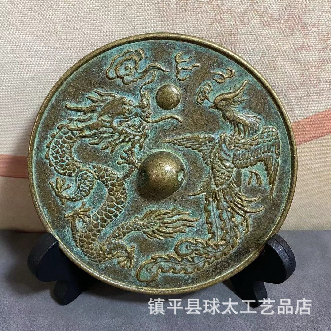 古玩杂项复古结婚铜镜新娘压腰镜龙凤铜镜婚庆圆镜子家居摆件