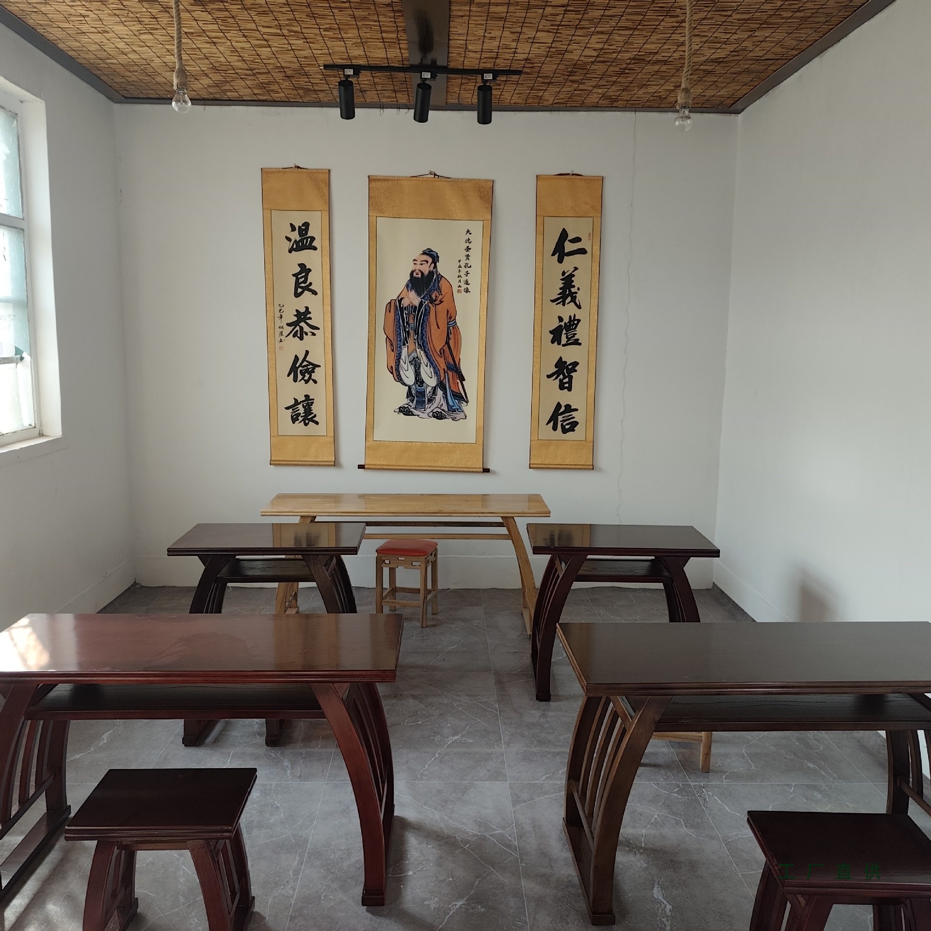 实木国学桌仿古马鞍桌幼儿园培训班双人学生课桌椅复古书法书画桌
