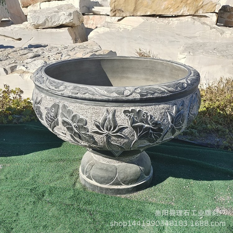 石雕花盆青石仿古石雕花盆鱼缸天然大理石做旧工艺鱼缸庭院摆件